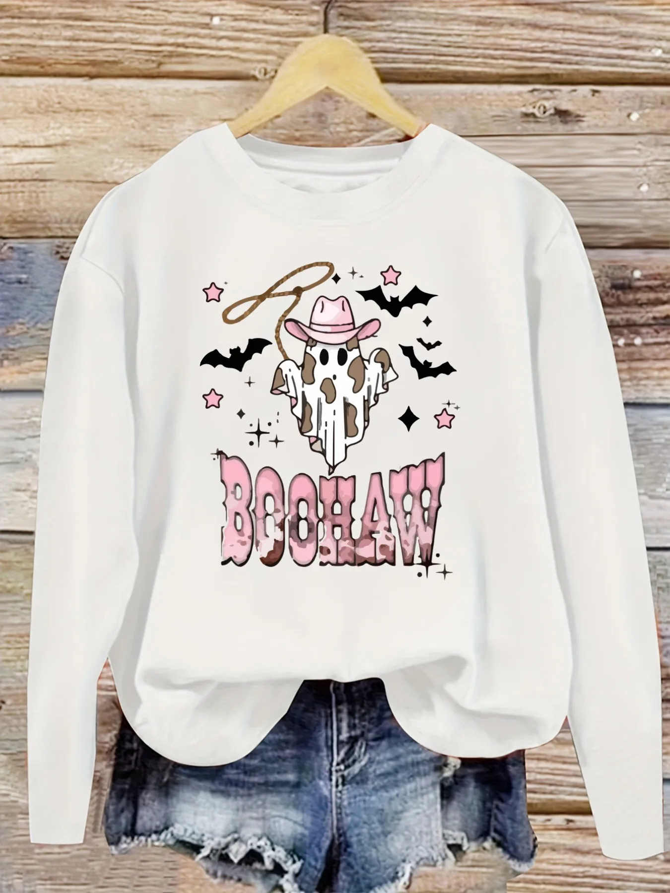 Women's Casual Long Sleeve Crew Neck T-Shirt Cowboy Ghost Boo Haw Print Design, Round Neck Women's Clothing, Machine Washable, Slightly Elastic, Loose Fit, Spring Autumn Winter Women's T-Shirt, Halloween Costume Outfit view 5