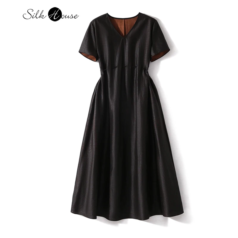 Women's Fashion Early Autumn New 100% Natural Mulberry Silk Gambiered Guangdong Gauze Turtles Cracked V-neck Short Sleeved Dress