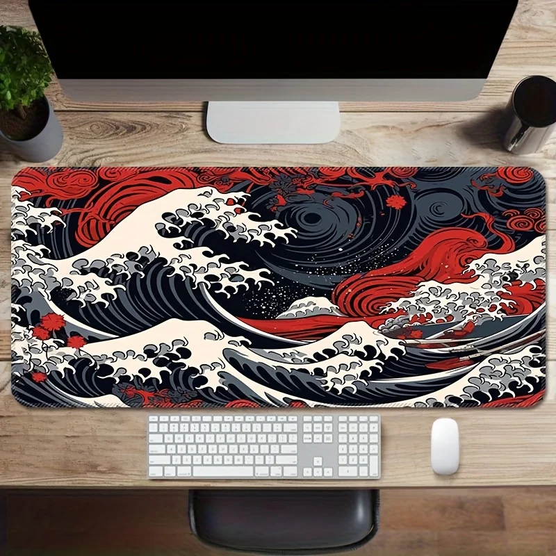 

Red Wave Large Gaming Mouse Pad - Extended Non-Slip Rubber Computer Desk Mat with Precision Stitched Edges, Washable Oblong Rect