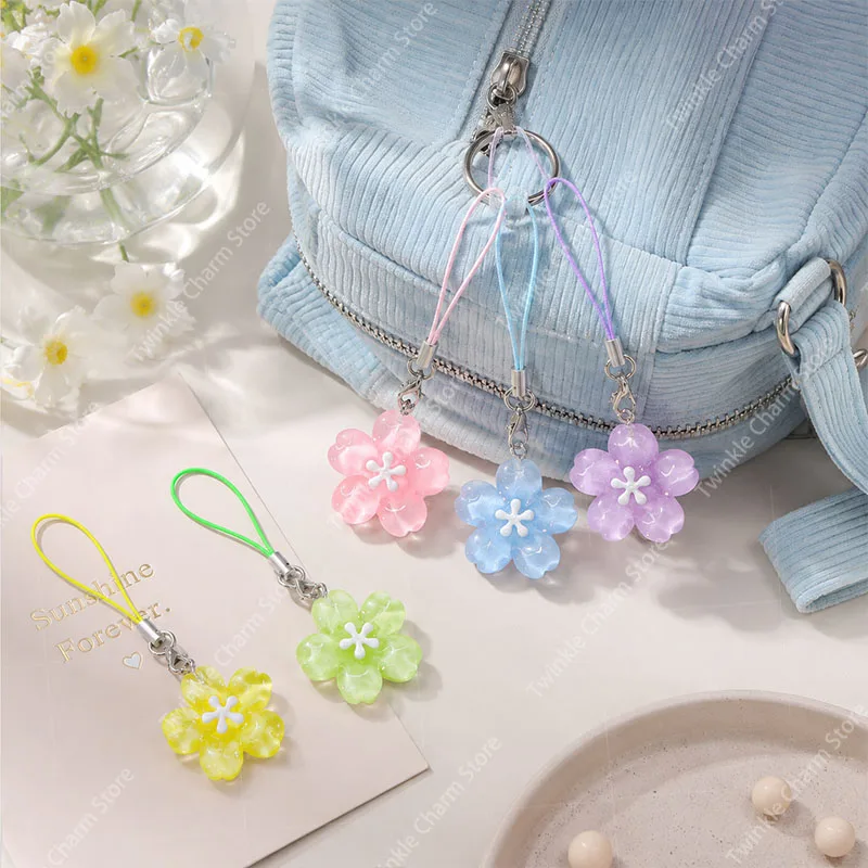 Chaîne de téléphone portable avec pendentif fleur de cerisier colorée, mignonne et romantique, pour femmes, filles, accessoires de couple, porte-clés de sac, cadeau d'amitié