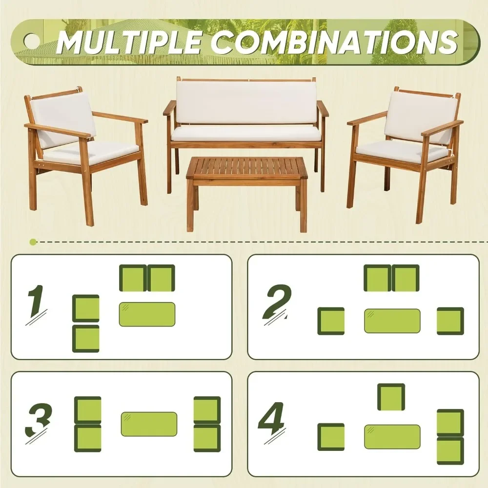 XMSJ Outdoor Acacia Madeira Mobiliário Pátio, Conversa Sofá Set com Mesa e Almofadas, Móveis Varanda, Sofás de Jardim, 4 Pcs