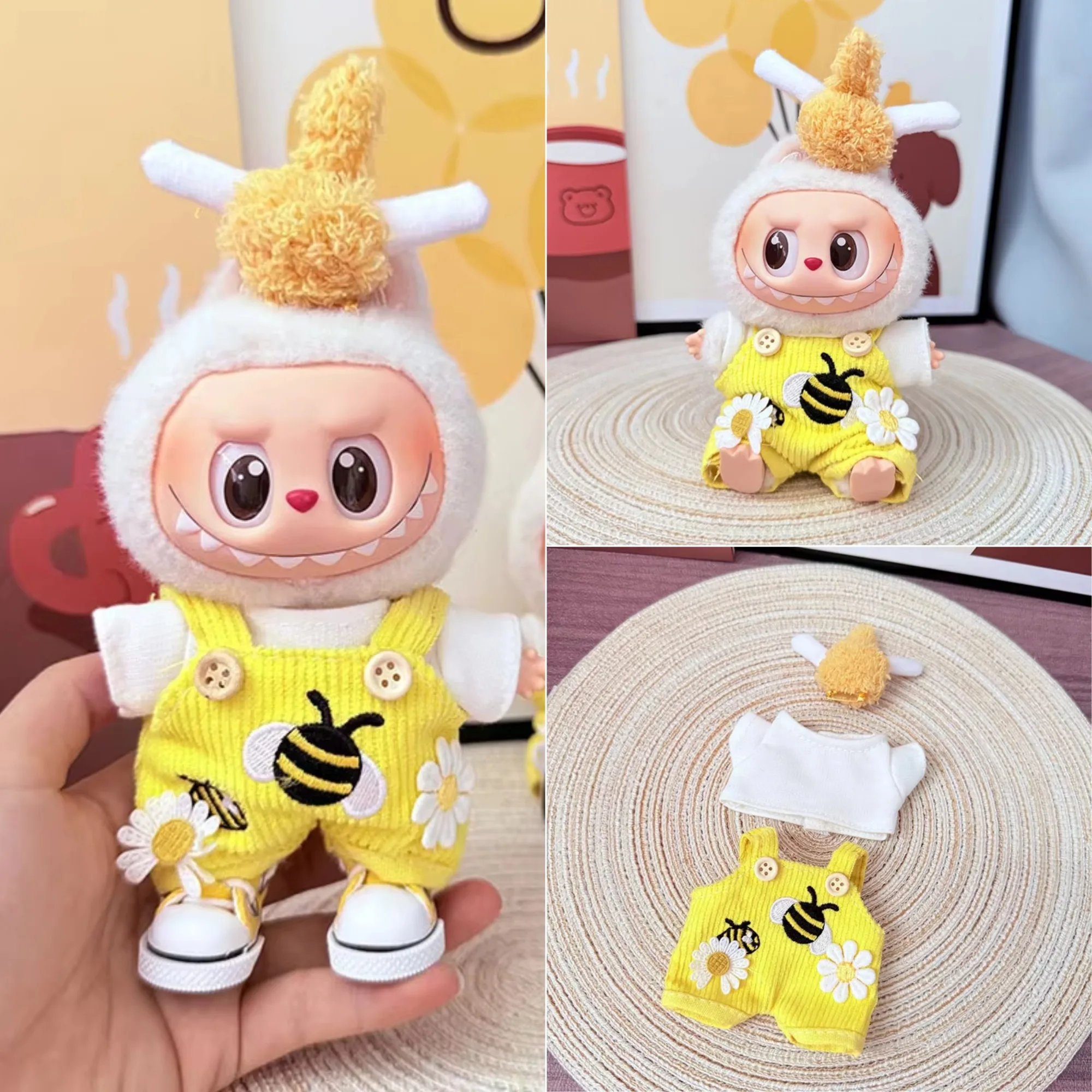 

Clothes For Labubu Dolls 15cm 17cm For LABUBU Sitting Party 1st 2nd 3rd Gen Bee Daisy Overalls Set Apparel Accessories
