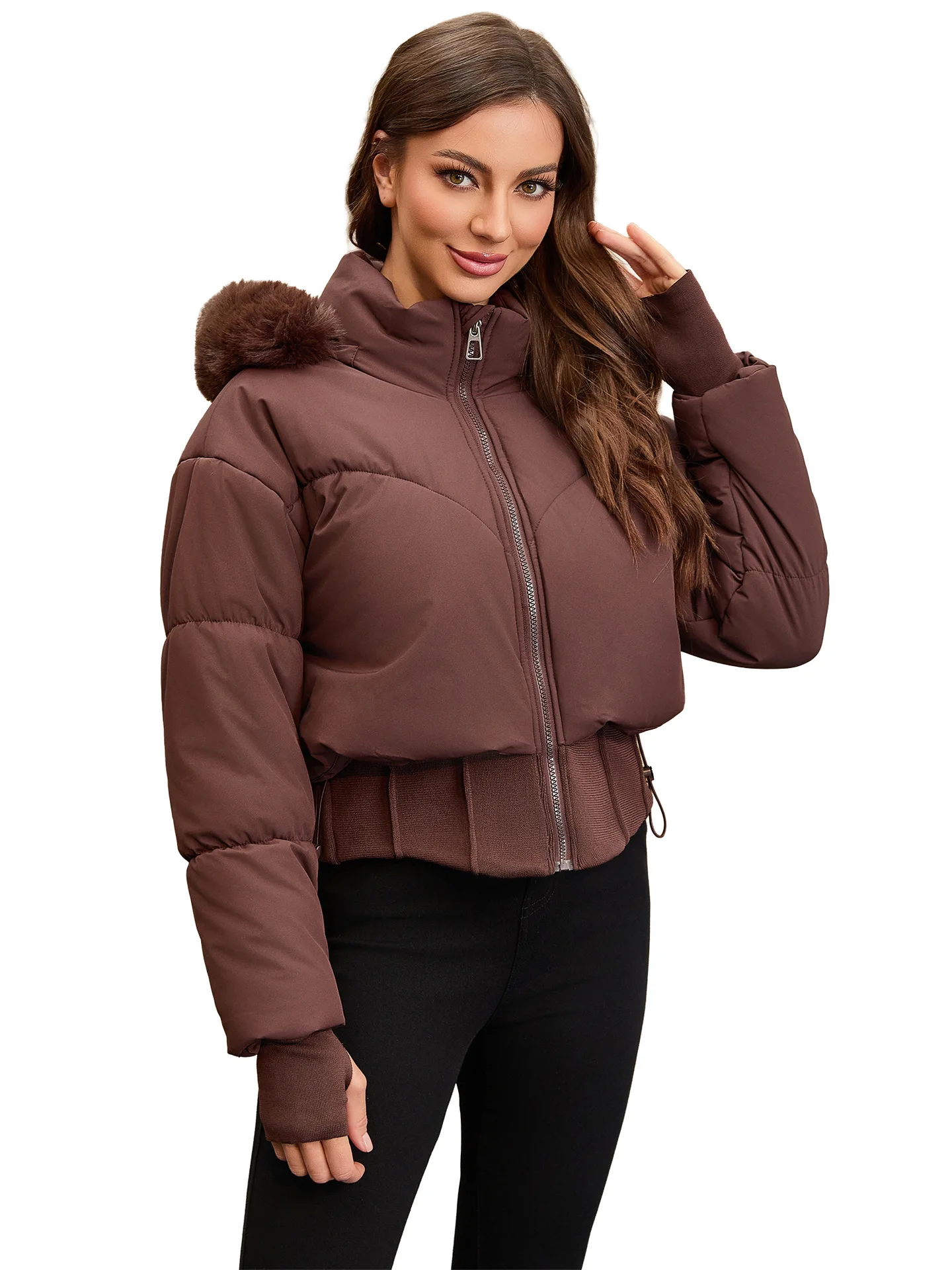 Women's Thickened Warm Cotton-Padded Jacket with Large Fur Collar And Hood Waist-Cinching 2025 Style
