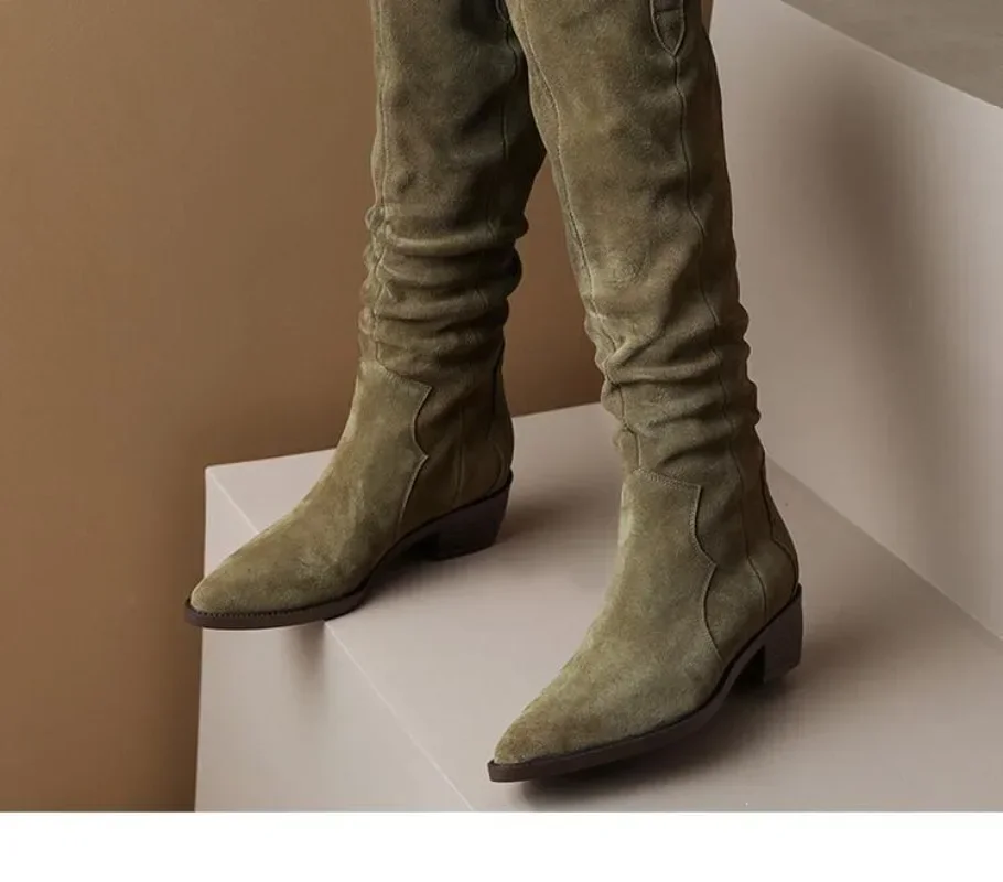 Elegant Women Boot Autumn Winter V Mouth Retro Slim Knee Length Pleated ThickHeel Long Boot Western Knight