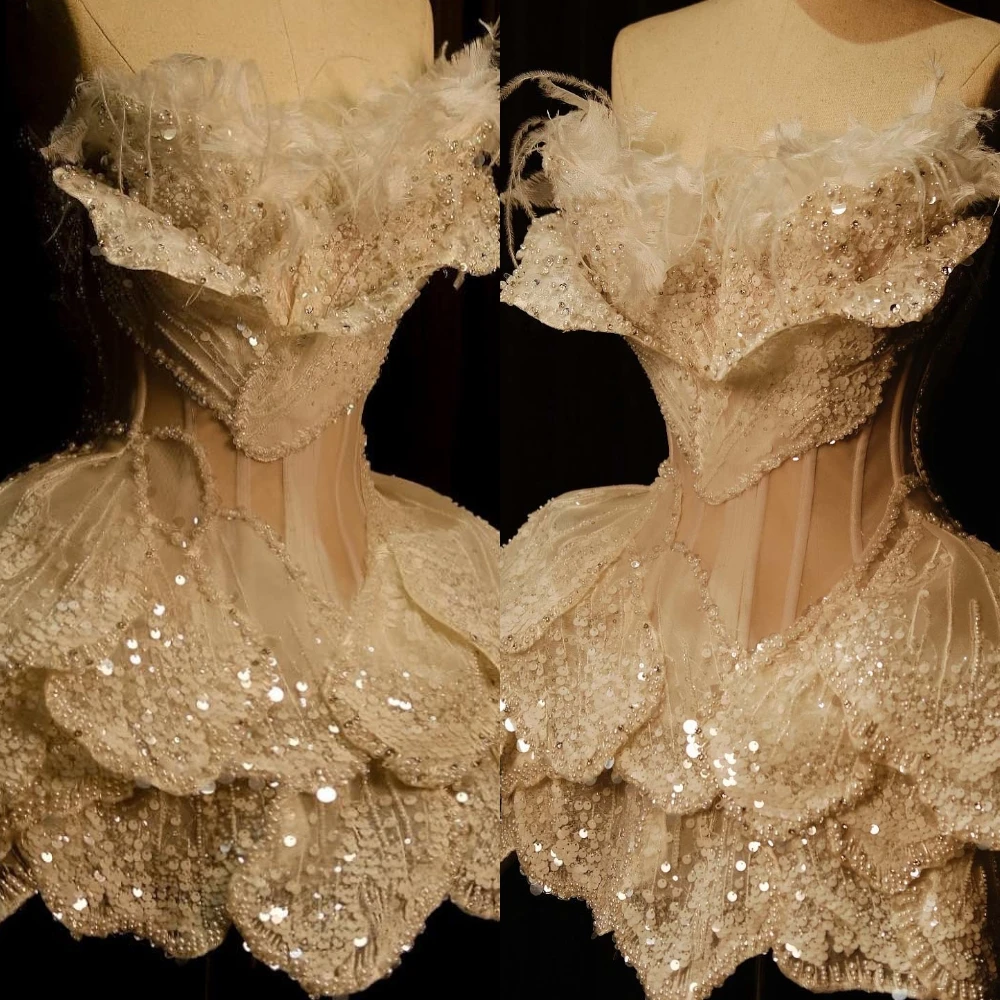 

Customized Organza Exquisite Wedding Dress Luxury Pearls High Quality Feathers Romantic Bridal Party Temperament Bridal Gowns