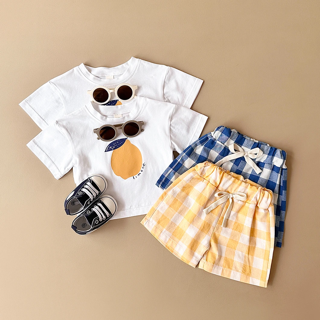 Newborn Baby Boys Girls Clothes Set Summer 2PCS Lemon Fruit Print T-shirt+Checked Shorts Beach Infant Toddler Outfit Suit 0-3Y