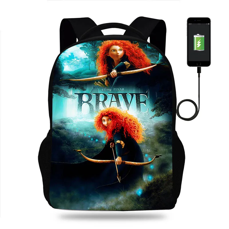 Fashion Disney Brave Backpack Boy Girl School Bag Teenager USB Charging Daily Travel Backpack Student Schoolbags Mochila