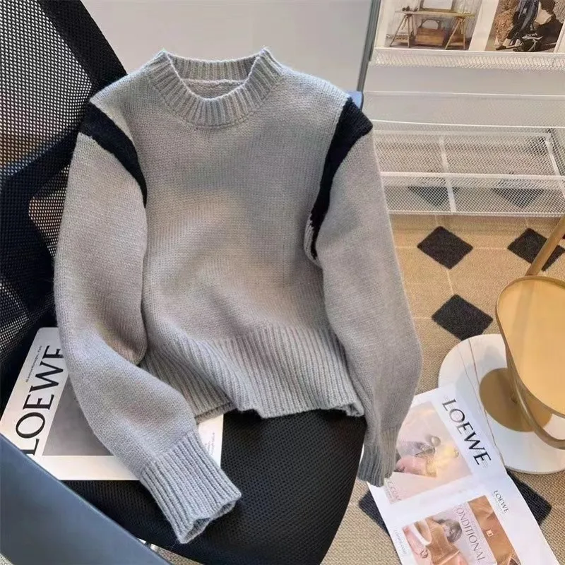 Minimalist Pullovers for Women Long Sleeve Knitted O-neck All-match Casual Warm Soft Autumn Winter Patchwork Chic New Prevalent