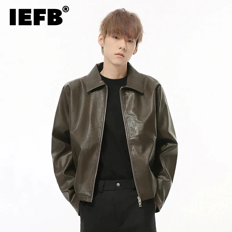 IEFB High Street Men\'s Jackets PU Leather Turn-down Collar Clothing Solid Color Zipper Loose Male Short Coats New Trendy 9C8246