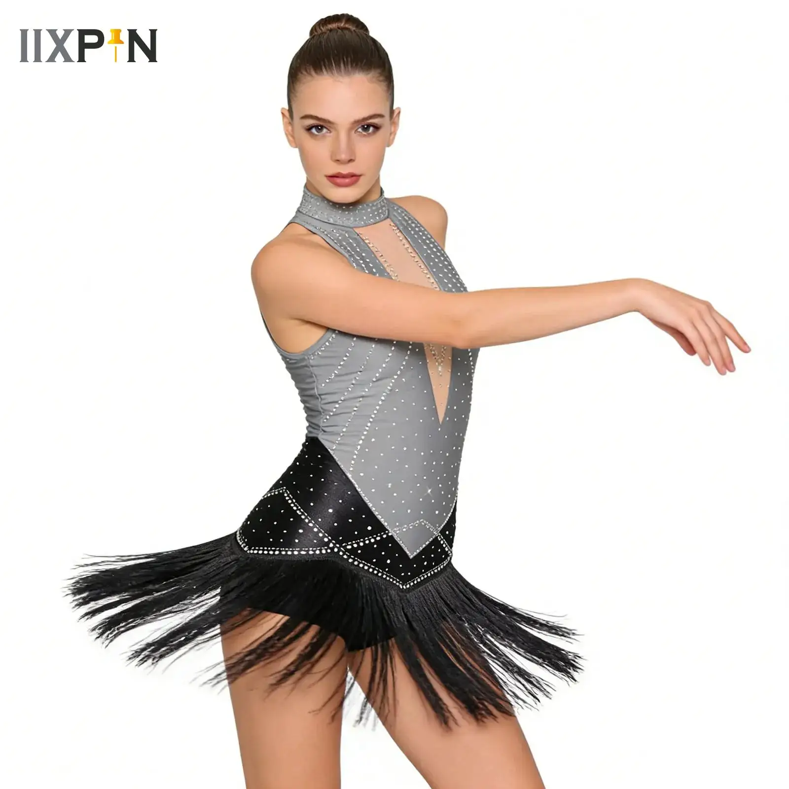 

Womens Latin Dance Dresses Halter Sleeveless Backless Tassels Skirted Jumpsuit Bodysuit Tango Rumba Salsa Samba Cha-Cha Dress