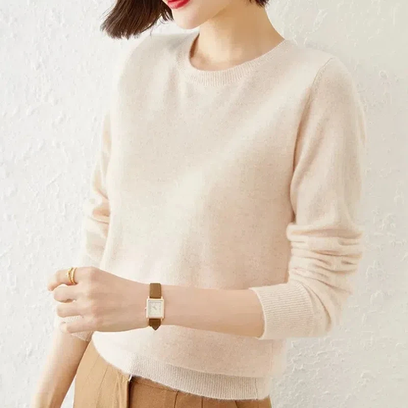 Autumn Winter Knitted Solid Color Women's Clothing Round Neck Pullover Long Sleeve Sweater Screw Thread Flattering Korean Tops