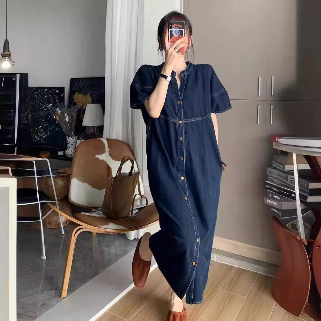 Nuevo Vestido Largo de Mezclilla Holgado Estilo Vintage Francés, Vestido de Verano para Mujer con Cuello en V y Manga Corta, Estilo Extranjero