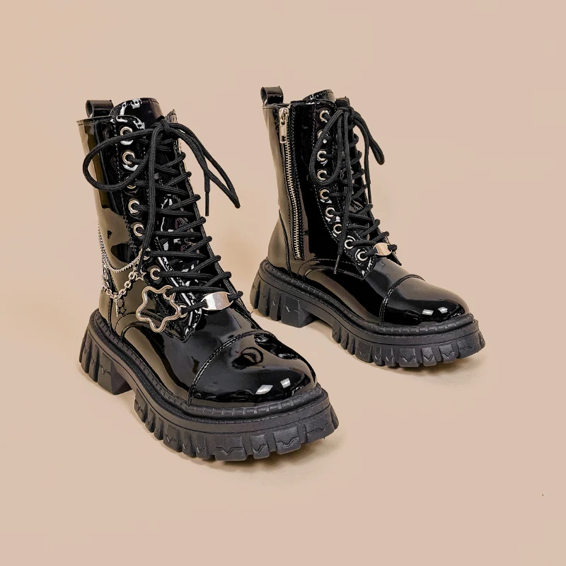 Amy e Michael 2022 New Autumn Black Retro Women Fashion Boots Ladies Mid Calf Platform stivali da combattimento per studenti di ragazze alla moda