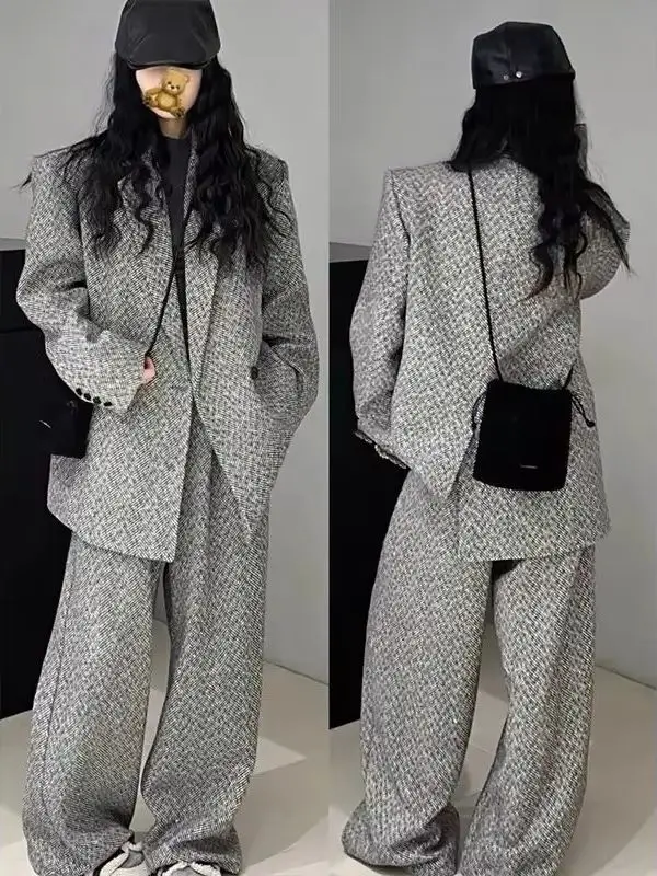 

Костюмная куртка в британском стиле в стиле ретро 2025, женский осенне-зимний легкий роскошный комплект с широкими брюками в ароматом стиле