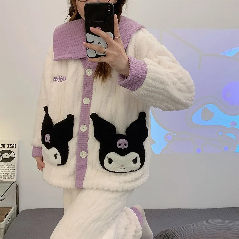 New Sanrio Kuromi kawaii pajamas for women autumn and winter coral velvet thickened large size fat MM home wear fashion set