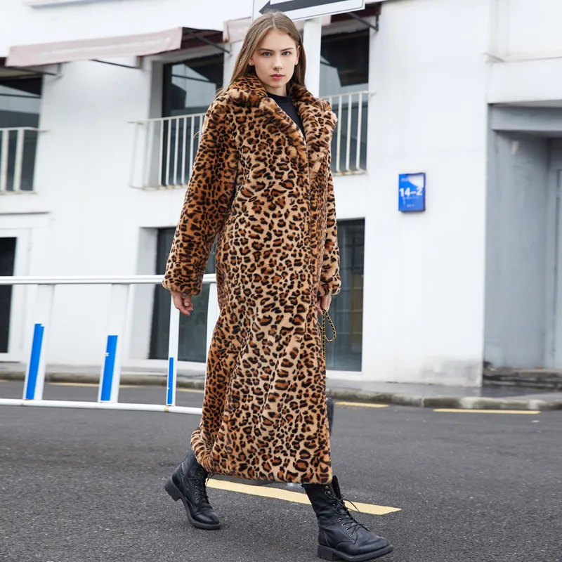 

Ultra-Long Tailored Lapel Faux Fur Coat with Cheetah Pattern Rabbit Fur Collar And Cap for Men And Women Winter Outerwear