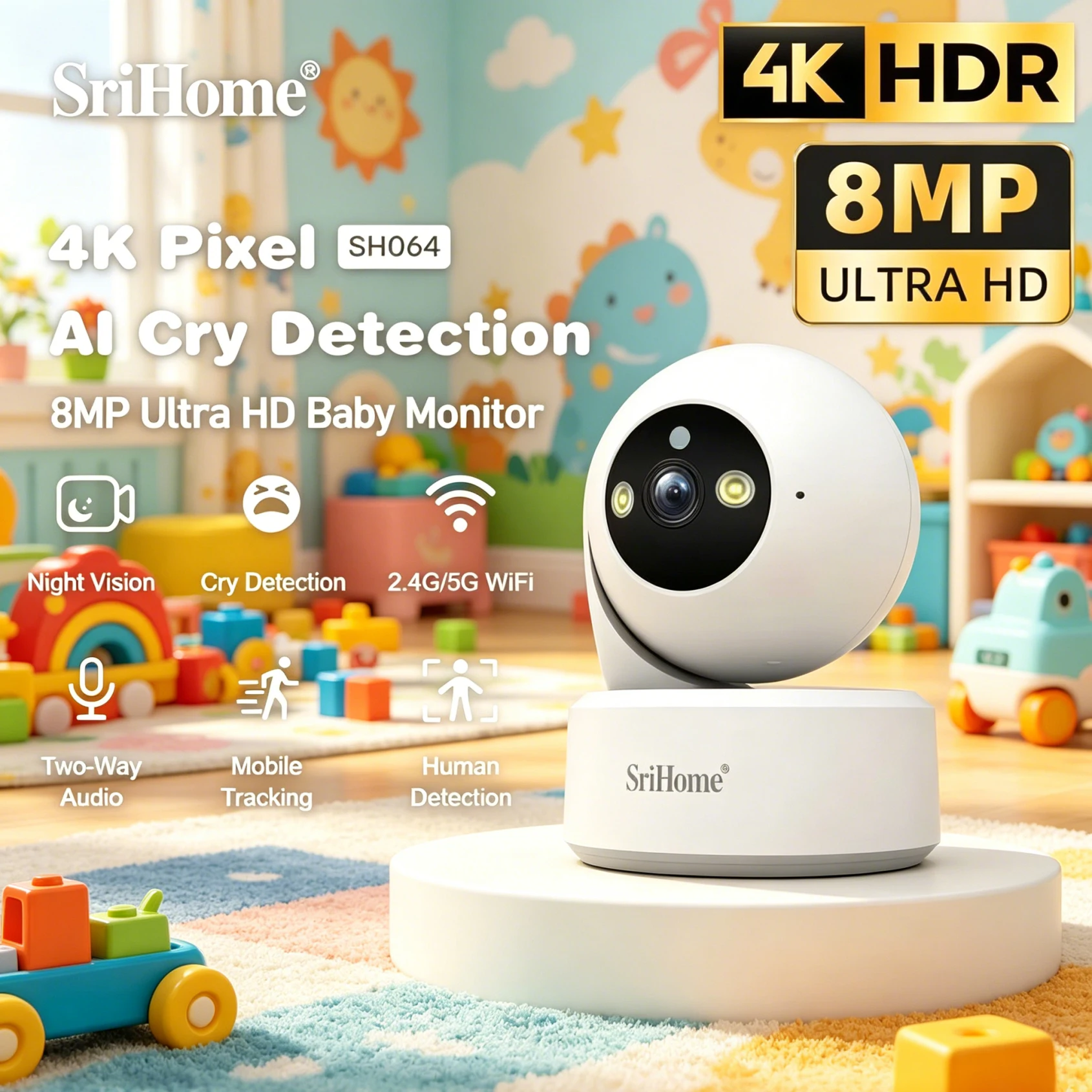 Srihome 8MP UHD 2.4G/5G WIFI IP WIFI Camera PTZ Surveillance Security HD Baby Monitor Night Vision Indoor Mini PTZ Security CCTV