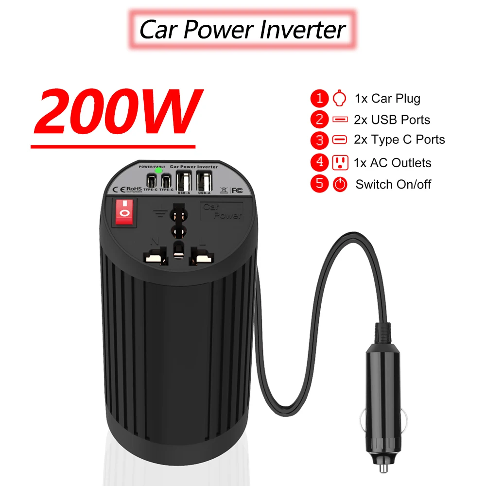 200W Car Power Inverter DC 12V to AC 110V/220V Modified Sine Wave High-Power 5-in-1 Fast Car Charger Adapter, Cup Holder Design Peak 400W for Laptop Tablet Smartphone Camera Camping Road Trip
