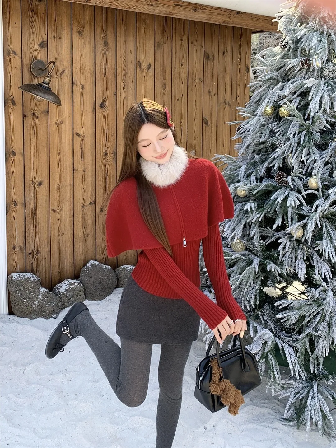 

Sweet Atmosphere High Collar Furry Cloak Sweater Women's Spring 2026 New Style Knitted Inner Wear Two-Piece Fashion Set