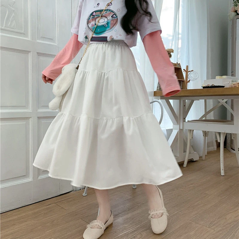 Kawaii rok panjang wanita, Harajuku Lolita lucu tambal sulam pinggang tinggi longgar rok A-Line Midi gadis Vintage kasual rok lembut