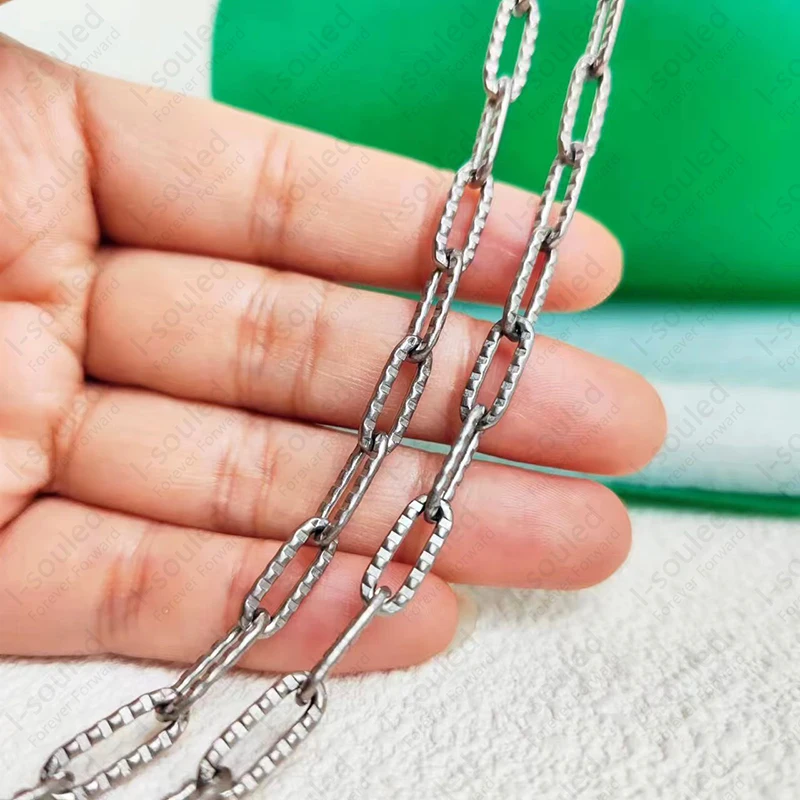 

I-souled Titanium Paperclip Chain Necklace 5MM Width Textured Flat Long O Link Chains For Men Women Unisex Fashion Gift