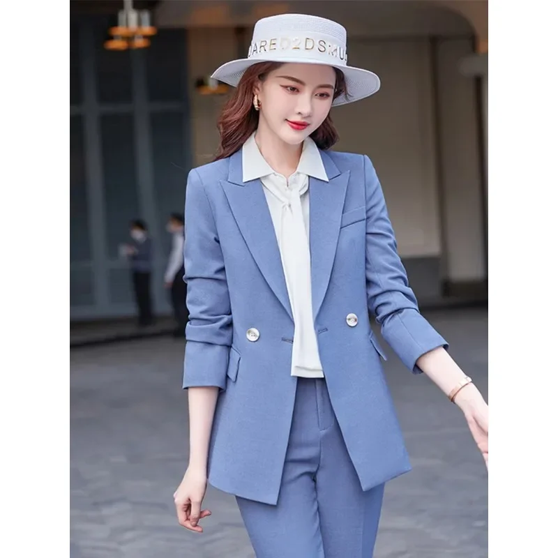 Blazer de peito único feminino manga comprida, jaqueta monocromática azul, desgaste do trabalho, casaco formal, negócios, feminino, senhoras, alta qualidade