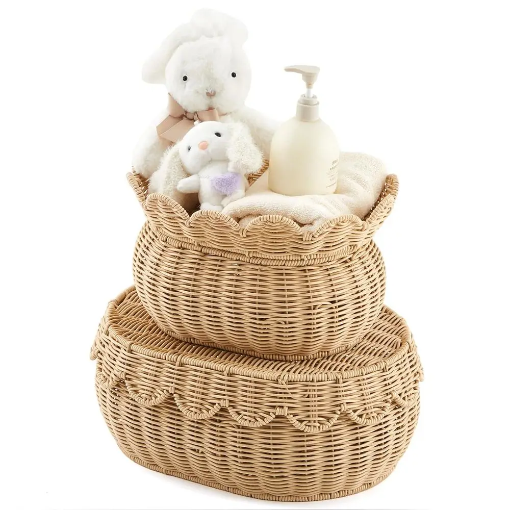 

Natural Wicker Scalloped Baskets with Lids, Ideal for Nursery and Bathroom Storage Solutions