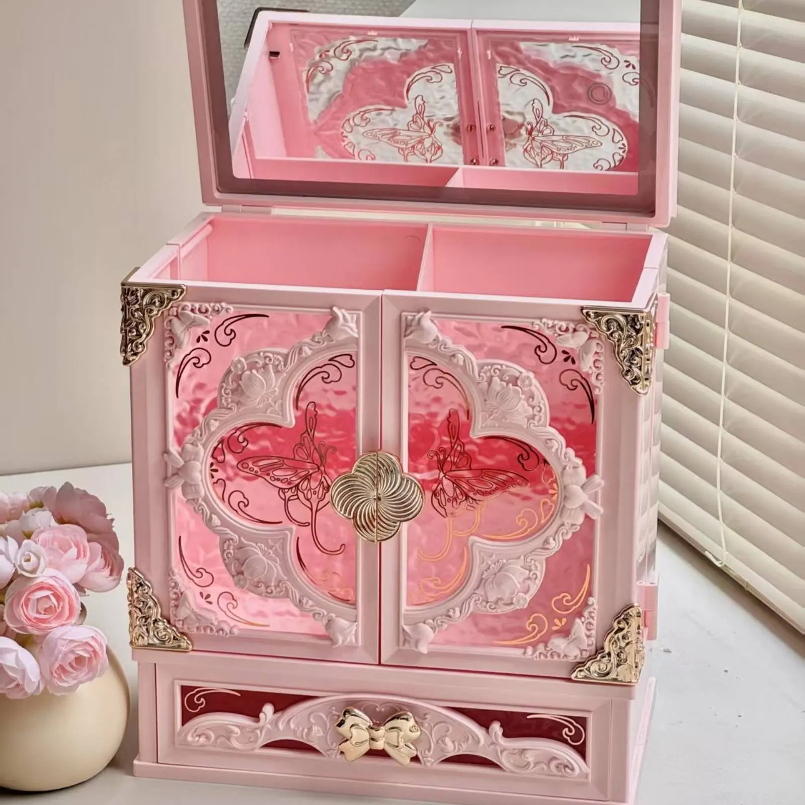 Llluminated Makeup Organizer Mirror 3 Color Brightness Large Capacity Makeup Storage Cabinet Vintage Cosmetic Box for Women Girl