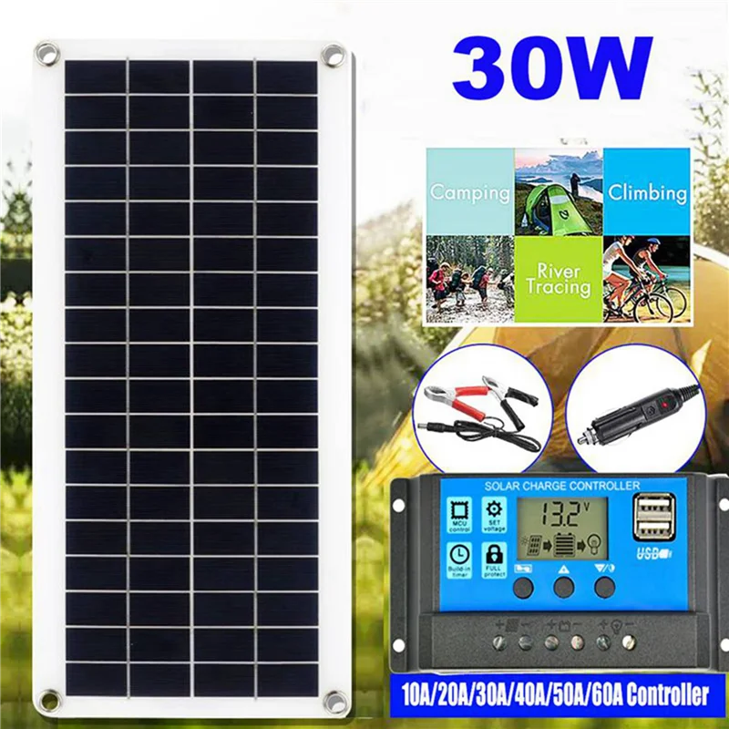 ABBN-2X 30W Flexible Solar Panel Solar Cells For Car RV Boat Home Roof Van Camping Solar Battery, 10A Solar Controller Module