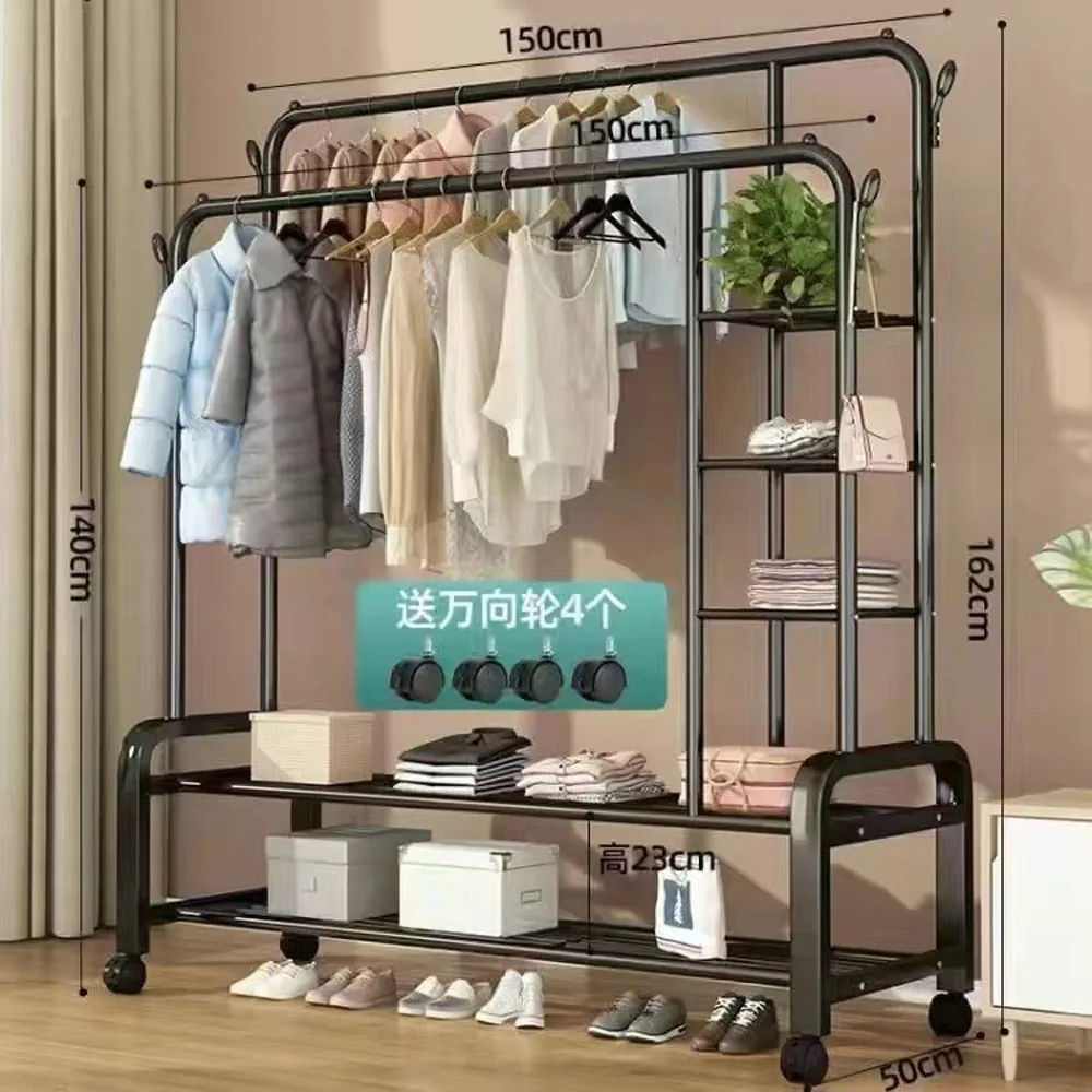 Large Clothes Rack Double Rail Rolling Stand Shoes Rack Storage Shelf Double Layer Double Rod Hanger