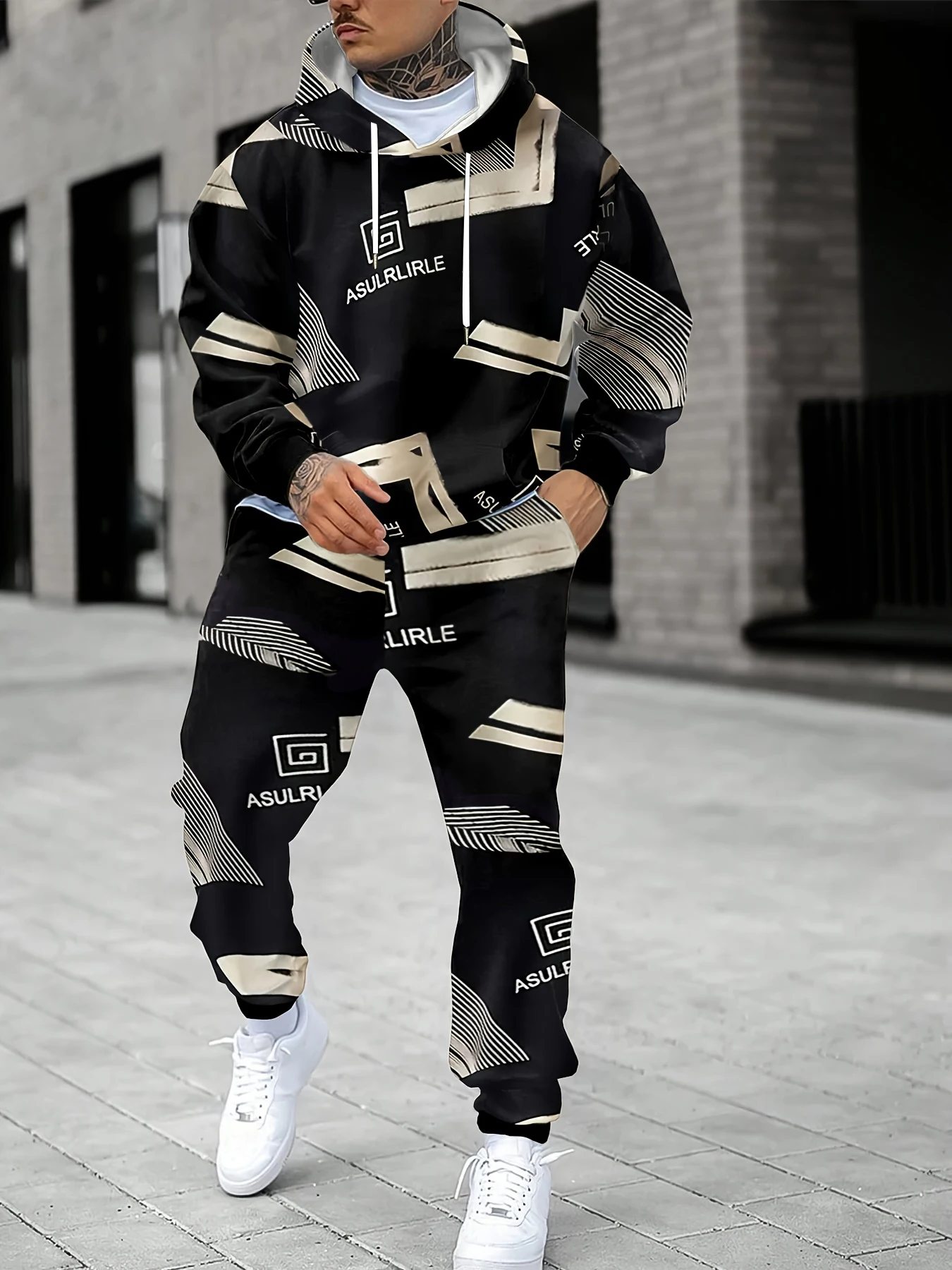 

The new men's set for Spring and Autumn 2025 features a casual fashionable soft and comfortable 3D letter pattern print