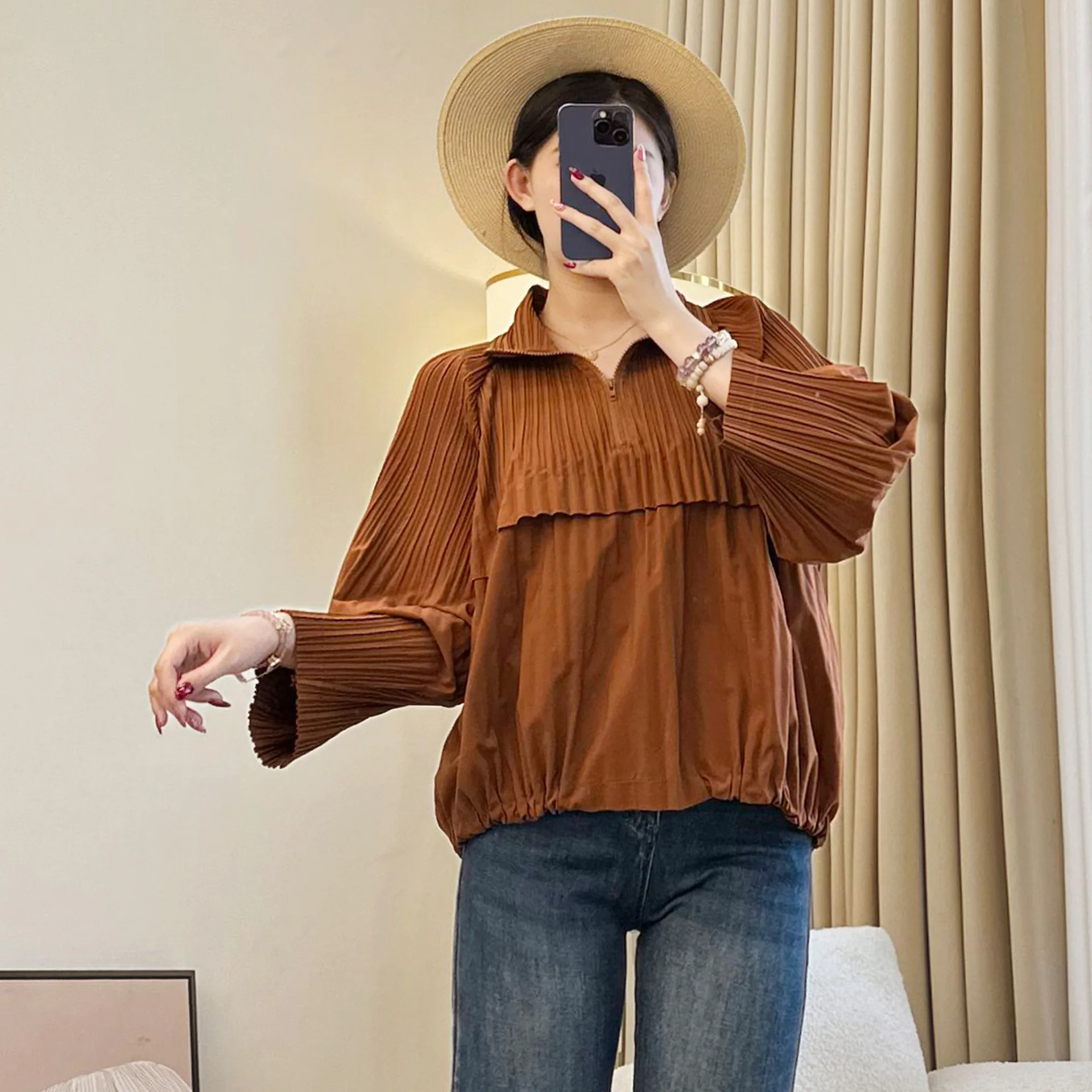 Miyake volants automne nouveau Style de sport haut de transport polyvalent veste pour femme veste courte à manches longues pull à fermeture éclair