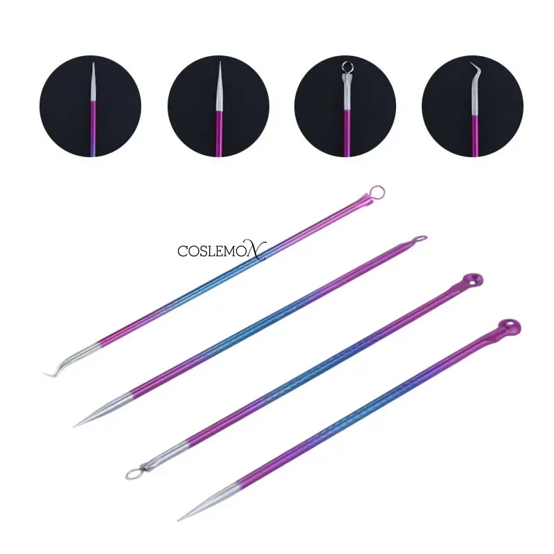 4 Piece Set Colorful Double-Headed Stainless Steel Nose Blackhead Needles Beauty Dead Skin Removal Facial Care Tool with Box