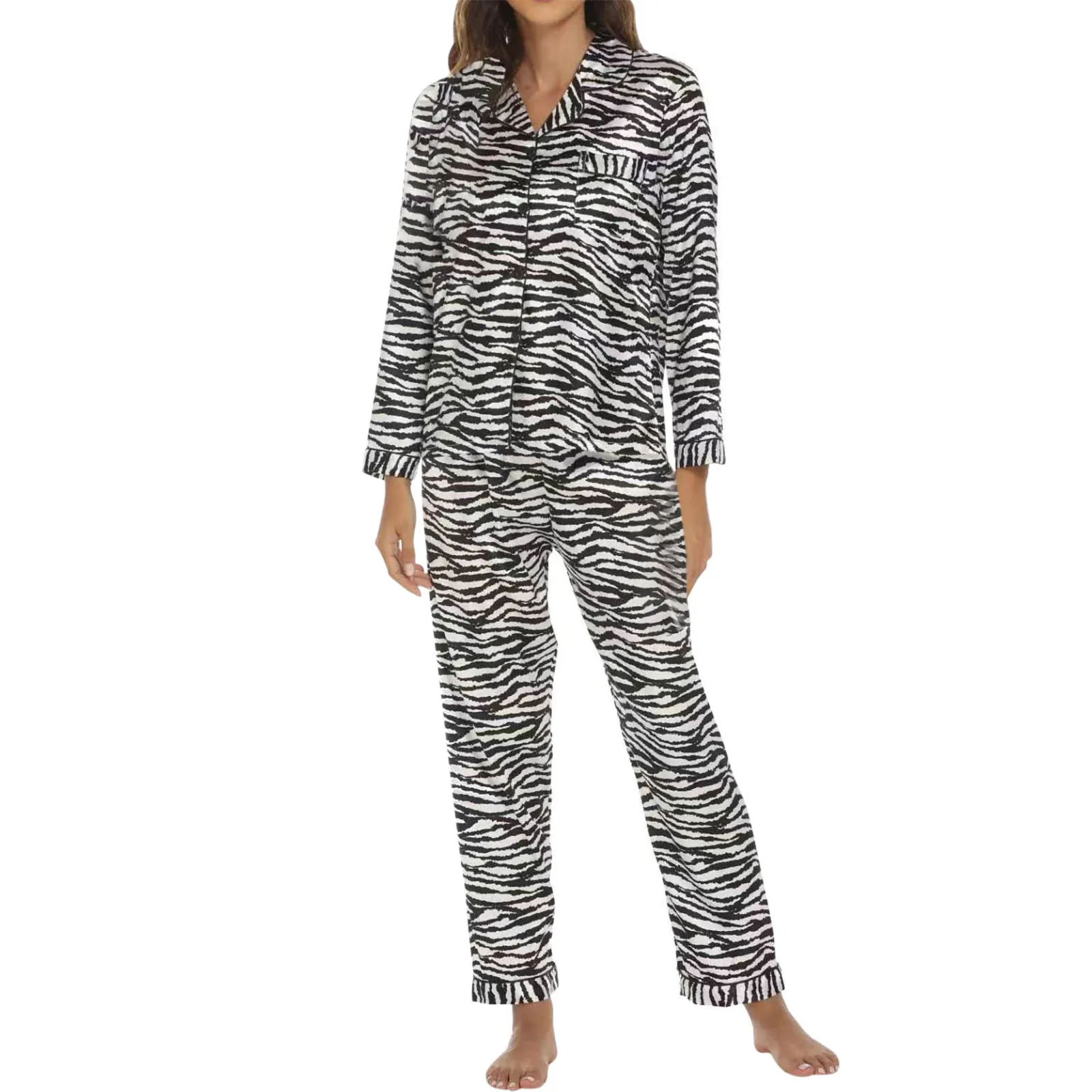 Women\'s Pajamas Sets 2 Leopard Stripe Fashion Simple Daily Vacation Satin Breathable Pajama Sleeve Pretty Sleepwear for Women