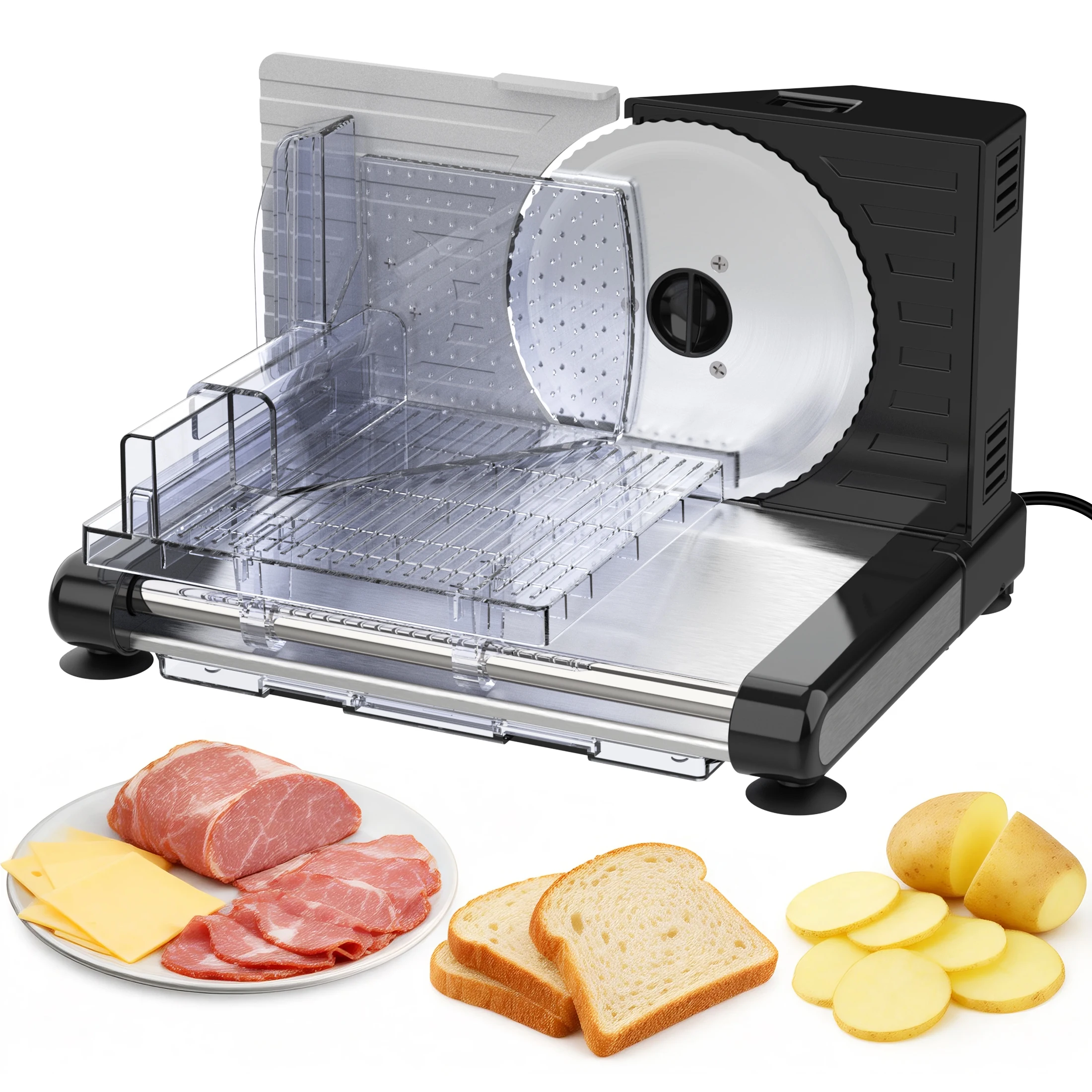 

Электрическая мясорезка с регулируемой толщиной нарезки 0-18 мм, съемные лезвия из нержавеющей стали 420, коммерческая и бытовая, для нарезки мяса и сыра