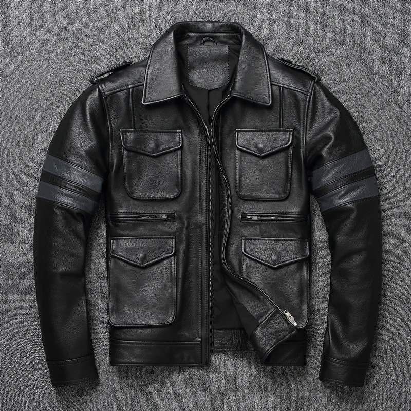 

Classic Men's M65 Pure Top Layer Cowhide Black Motorcycle Leather Jacket Vintage Lapel Leather Multi-Pocket Fashion Jacket