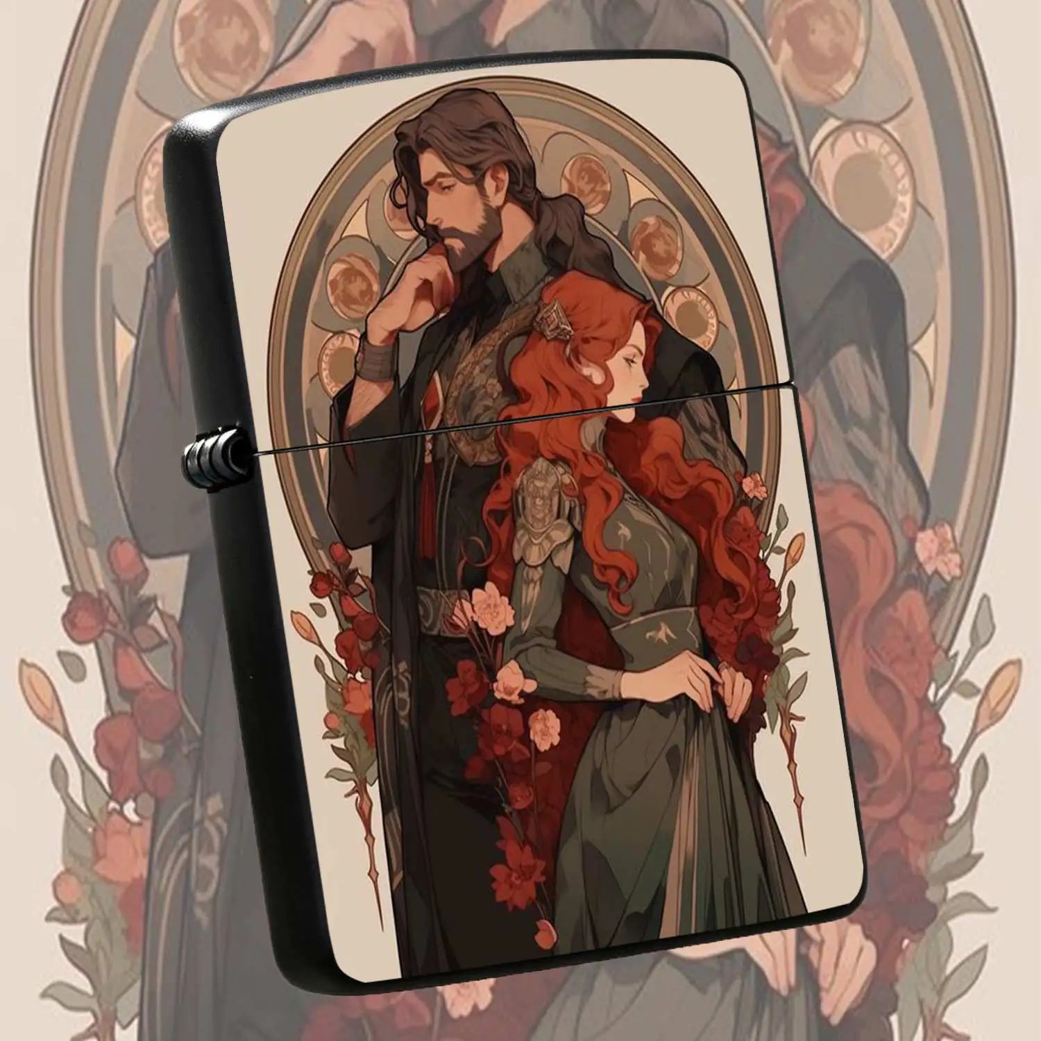 Flip-top Pocket Lighter, Windproof, Featuring Vintage Court Style Medieval Noble Couple Print, Portable and Refillable, Ideal for Daily Use, Gift-giving and Collection, Suitable for Various Occasions