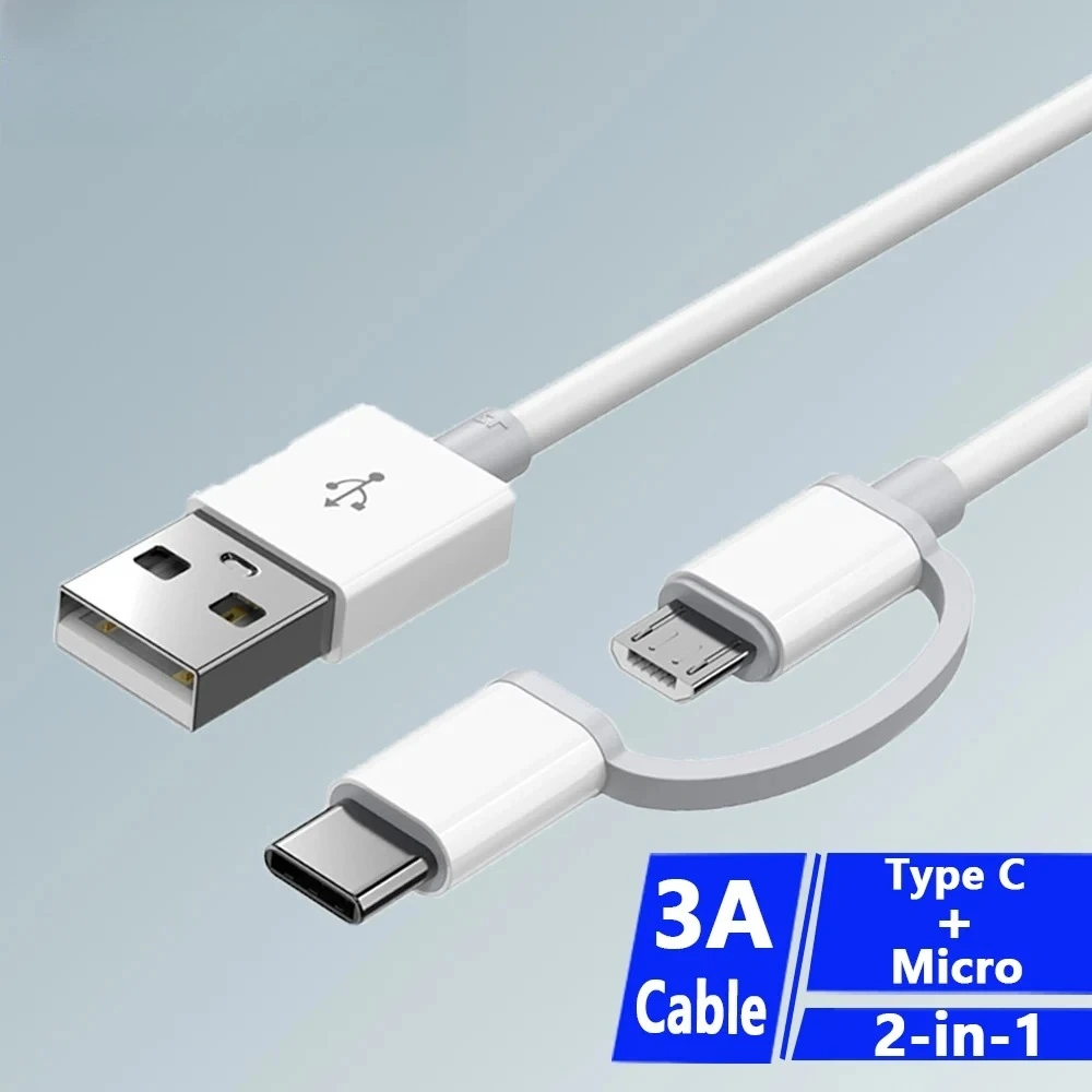 3A 2-in-1 USB Cable Micro USB Type C Fast Charging Data Cord TPE Durable for Xiaomi Samsung OPPO Android Phone Tablet