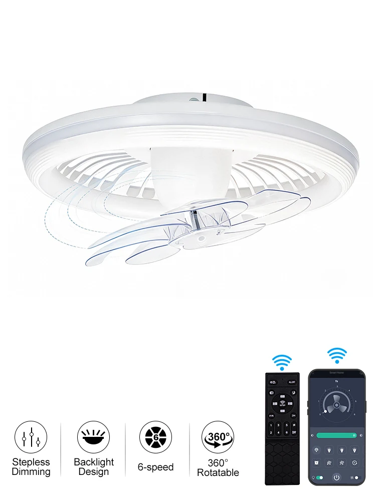 360 °   Drehbarer Deckenventilator mit Licht, Geräuscharm, 6 Geschwindigkeiten, Dimmbare Hintergrundbeleuchtung, APP-Fernbedienung, Moderne Elektrische Ventilatorlampe für Wohnzimmer