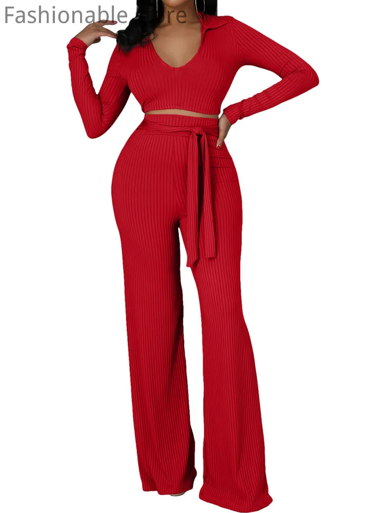 

Women Two-Piece Solid Color V-Neck Short Top And High Waist Pants With Belt