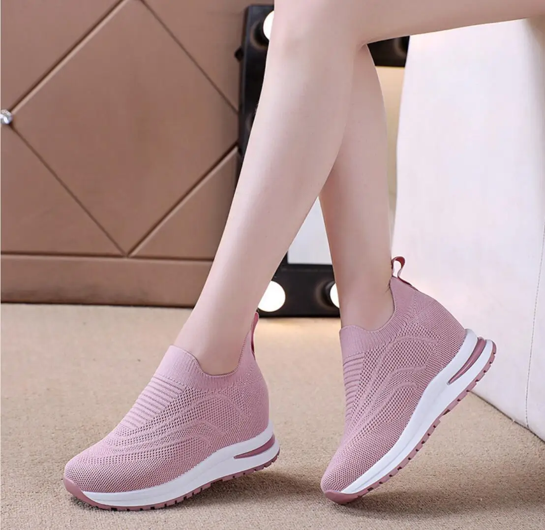 Women\'s Shoes 2024 Summer Hidden Heel Wedges White Pink Sneakers Female Platform Breathable Mesh Black High Heel Casual Shoes