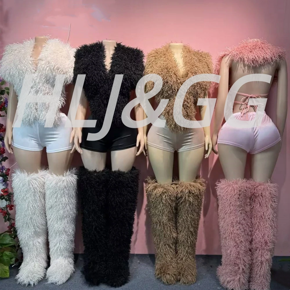 HLJ&GG Jesienno-zimowy futrzany bezrękawnik z bandażami, dwuczęściowy zestaw damski, top z dekoltem w serek i odkrytymi plecami oraz szorty, styl Y2K, streetwear