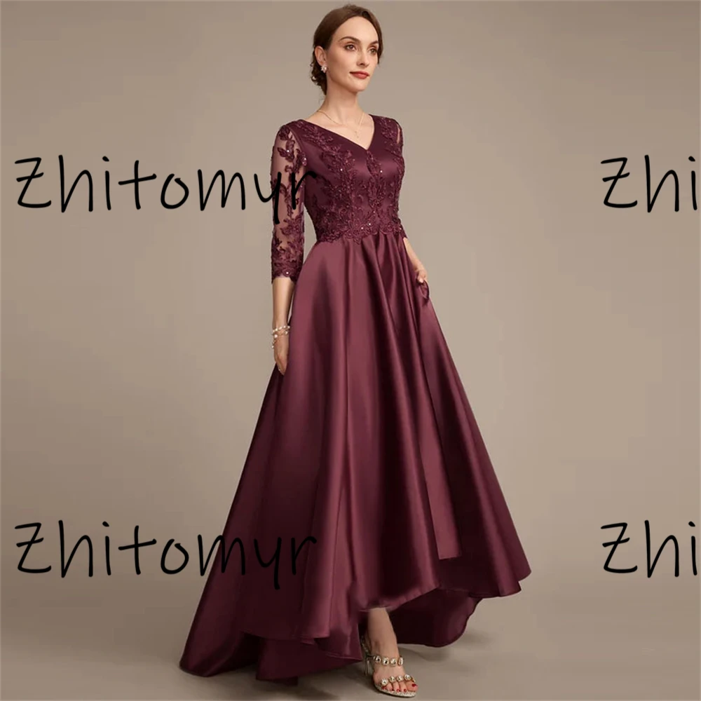 2024 elegant high quality Women Satin Pleated A-Line Dress Solid Color V-Neck Lace Dress Half Sleeve Casual Large Hem Dress