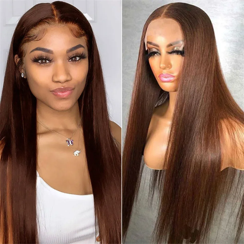 

180 Density Chocolate Brown Straight 13×4 HD Transparent Swiss Lace Front Wig Brazilian Remy Hair 100% Human Hair Wigs For Women