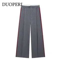 DUOPERI Women Y2K Grey Striped Pleated Front Zipper Straight Pant High Waist Full Length Female Chic Lady Trousers