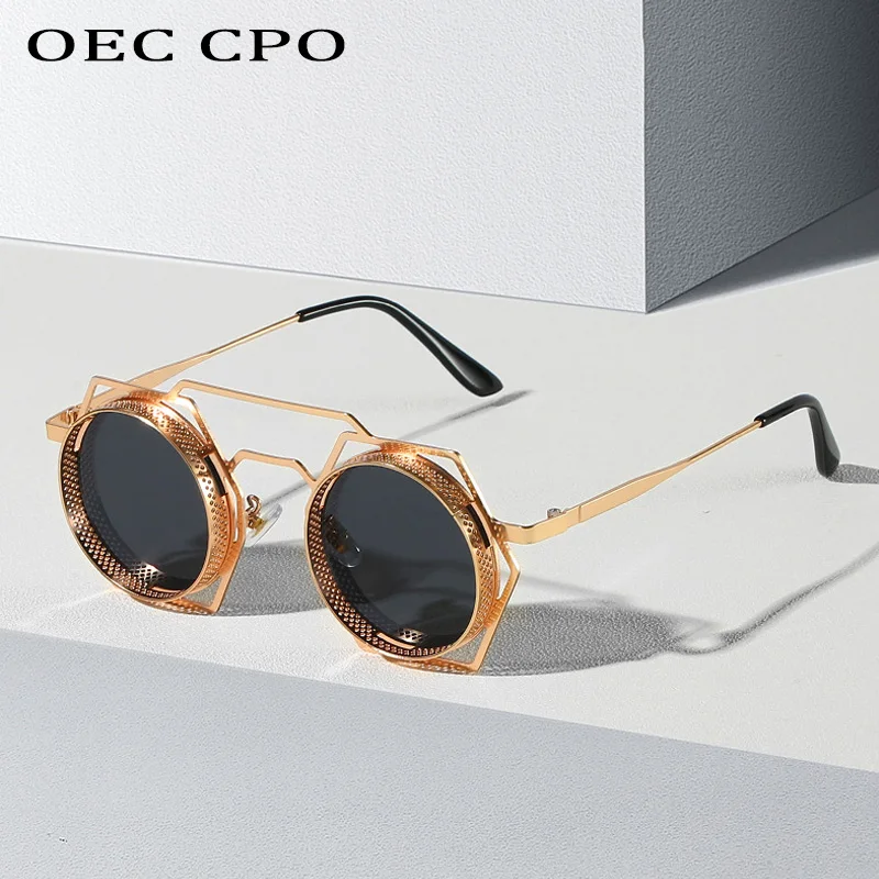 OEC CPO Steampunk okrągłe okulary przeciwsłoneczne damskie męskie 2023 siatka metalowa osobowość okulary przeciwsłoneczne damskie okulary gogle UV400 odcienie óculos