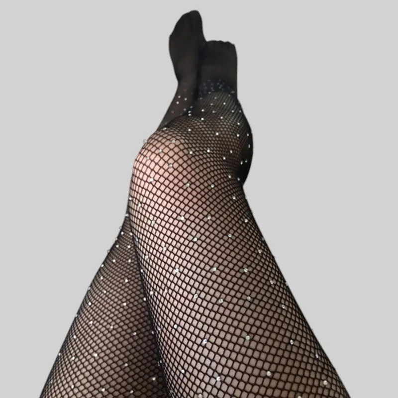 Collants à Carreaux en Maille Ajourée pour Femme, Bas en Strass, de Haute Qualité, Brillants, Sexy