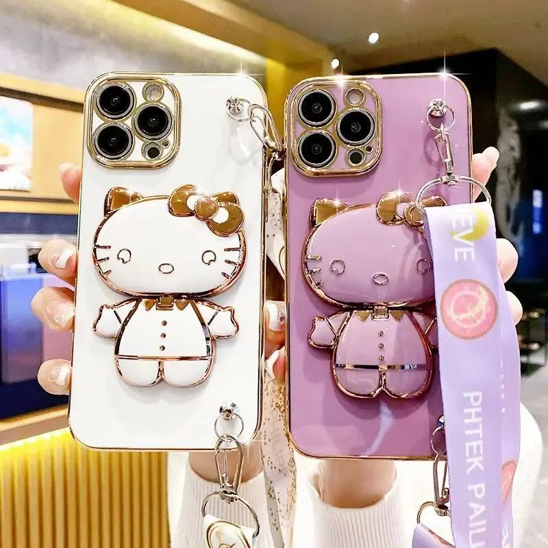 

Hello Kitty Make-up mirror Holder Bracelet Strap Lanyard Plating Phone Case For iPhone 15 14 Pro 13 12 11 Pro Max