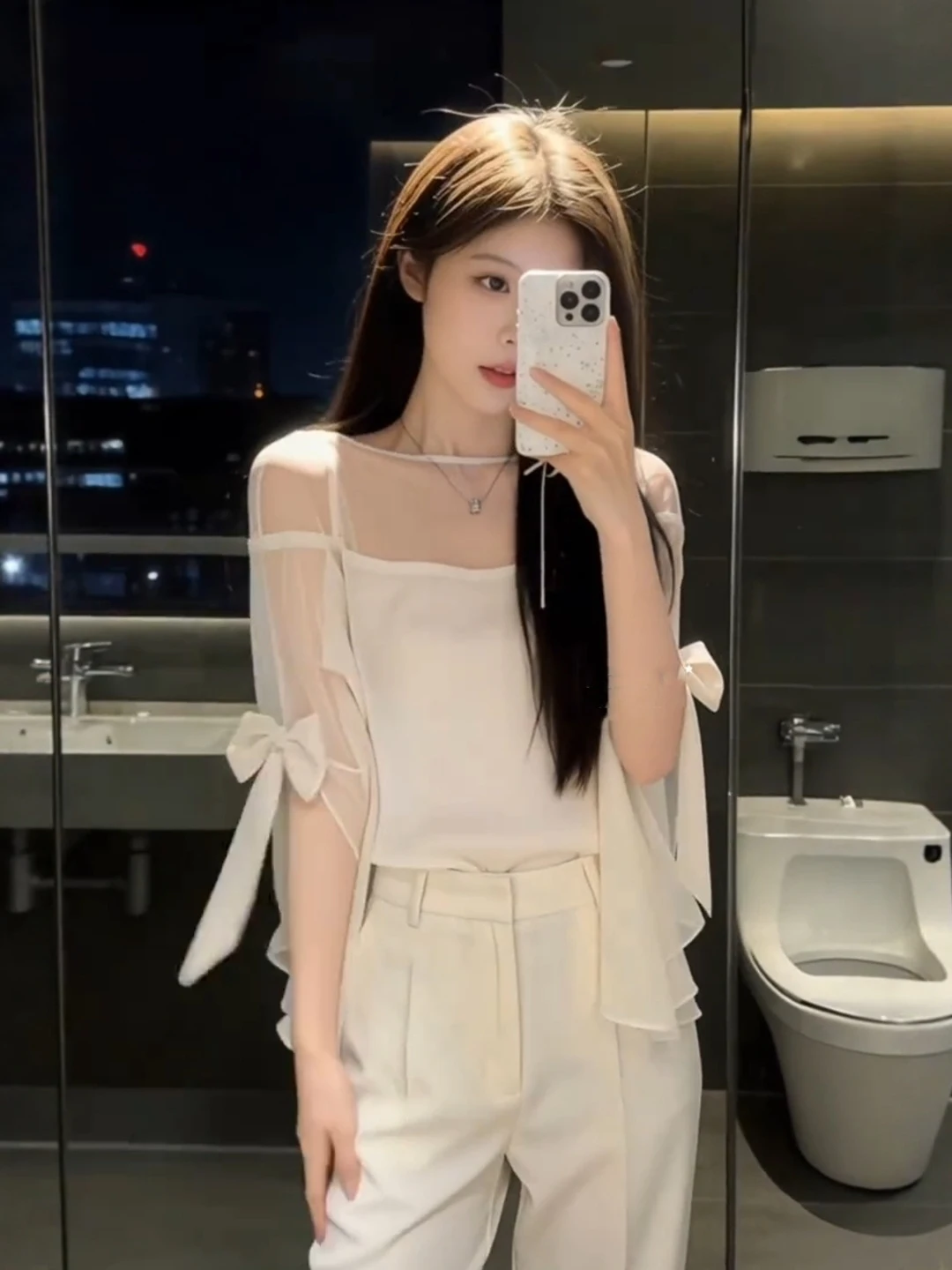 

Elegant Knot Sleeve Shirt Women's Spring Summer New Style Netting Waist Cinched Five-Quarter Length French Style
