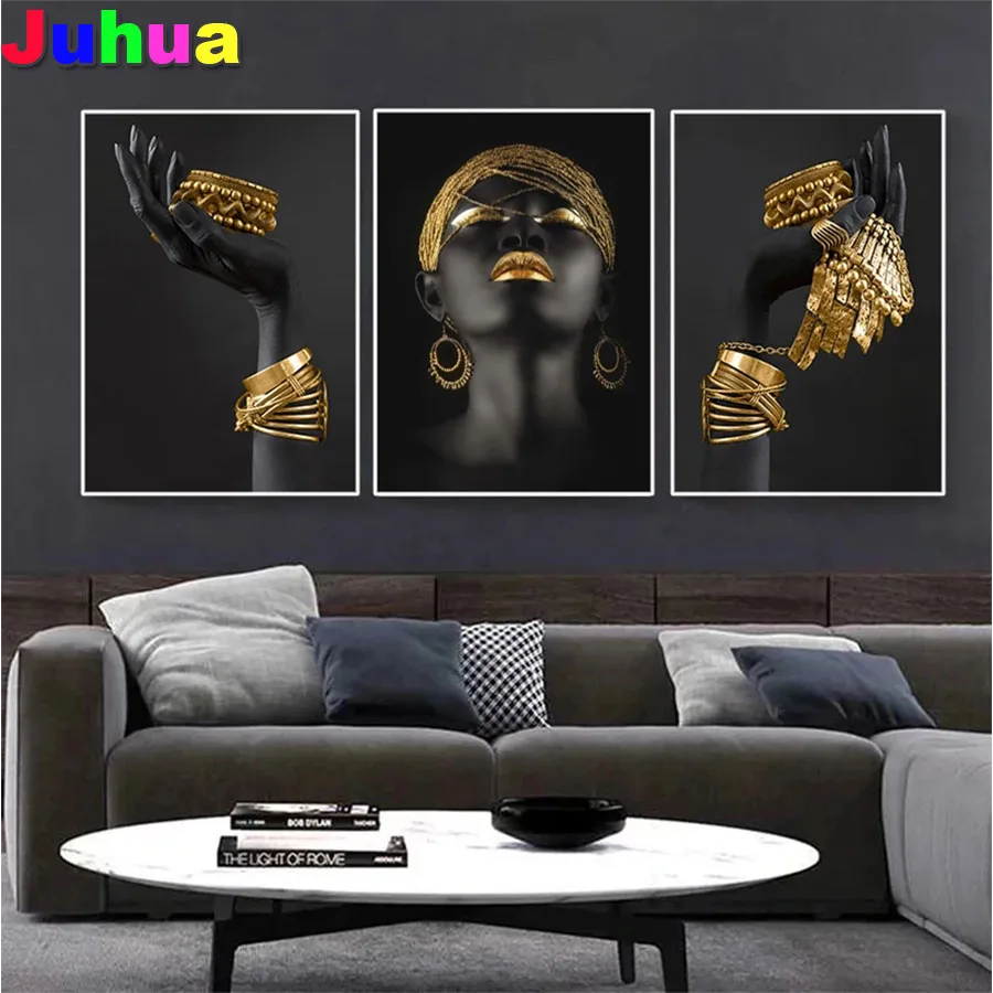 5D African woman DIY Diamond Painting black woman holding gold jewelry diamond Embroidery Home Decoration Mosaic  Wall Art,